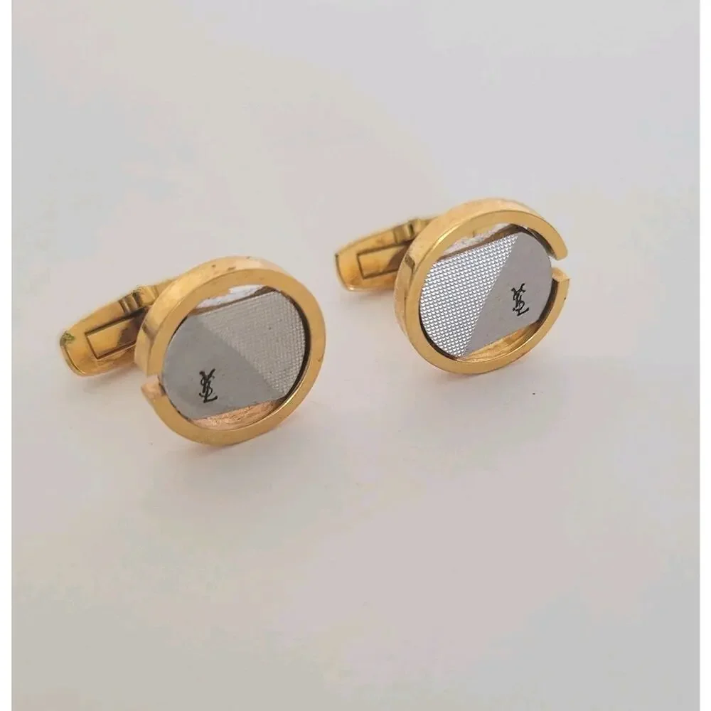 Yves Saint Laurent YSL Gold Silver Tone Round Cufflinks Designer Retro Whale